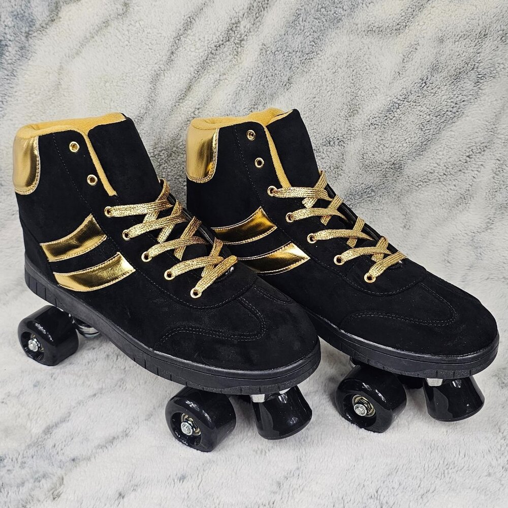 Dolls Kill Size 14 Women's Black Gold Holographic Sneaker Quad Roller Skates NEW